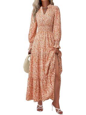 PrettyGarden Women's Floral Orange Sleeve V Neck A Line Flowy Maxi Long Dress